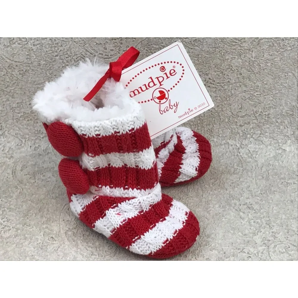 Mudpie Baby Booties 0-6 Months Red White Stripe Cable Knit Shoes 2010 New‎